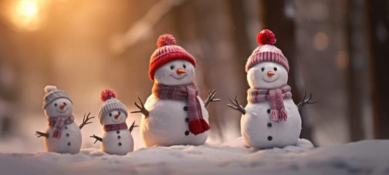 family snowman with scarf in snow forest greeting card xmas christmas