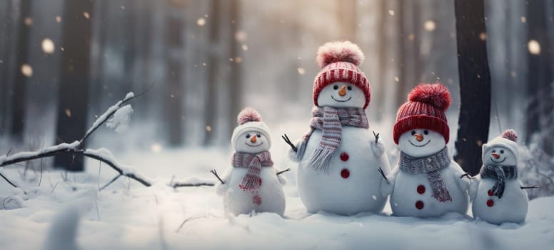 family snowman with scarf in snow forest greeting card xmas christmas