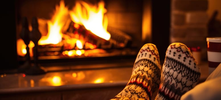 Feet in woollen socks by the Christmas fireplace in winter time