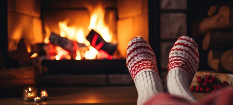 Feet in woollen socks by the Christmas fireplace in winter time