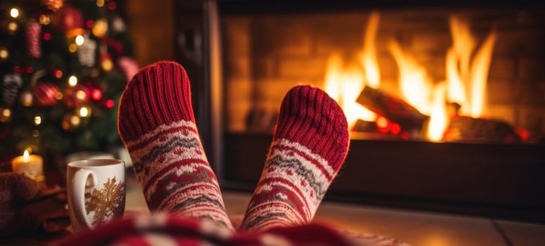 Feet in woollen socks by the Christmas fireplace in winter time