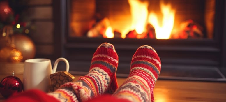 Feet in woollen socks by the Christmas fireplace in winter time