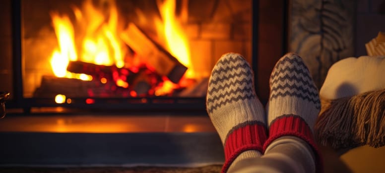 Feet in woollen socks by the Christmas fireplace in winter time