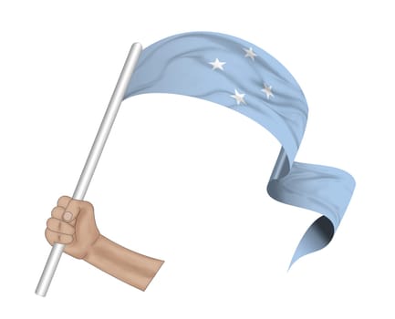 3D illustration. Hand holding flag of Federated States of Micronesia on a fabric ribbon background.