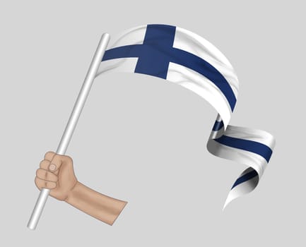 3D illustration. Hand holding flag of Finland on a fabric ribbon background.