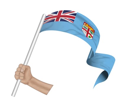 3D illustration. Hand holding flag of Fiji on a fabric ribbon background.