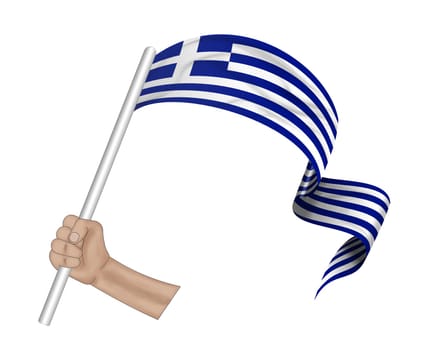3D illustration. Hand holding flag of Greece on a fabric ribbon background.