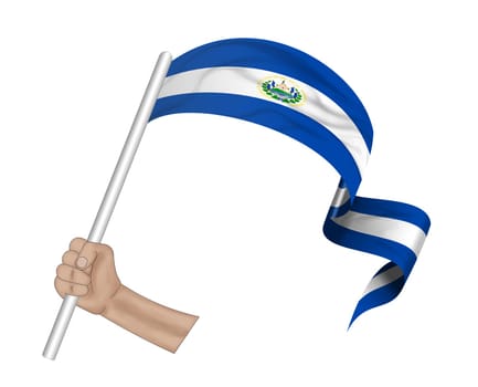 3D illustration. Hand holding flag of El Salvador on a fabric ribbon background.