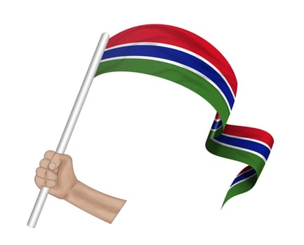 3D illustration. Hand holding flag of Gambia on a fabric ribbon background.