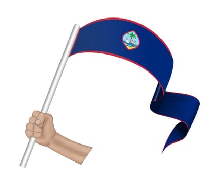 3D illustration. Hand holding flag of Guam on a fabric ribbon background.