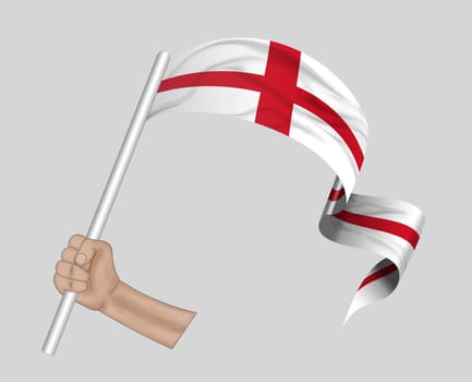 3D illustration. Hand holding flag of England on a fabric ribbon background.