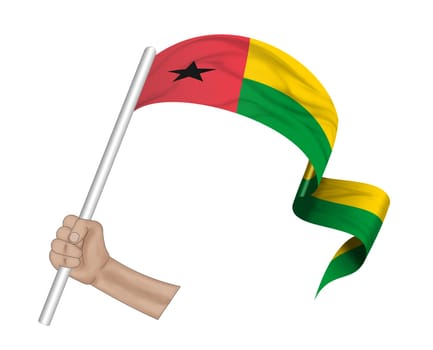 3D illustration. Hand holding flag of Guinea-Bissau on a fabric ribbon background.