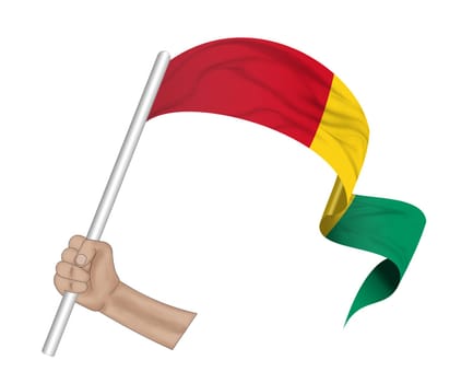 3D illustration. Hand holding flag of Guinea on a fabric ribbon background.