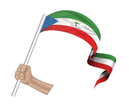3D illustration. Hand holding flag of Equatorial Guinea on a fabric ribbon background.