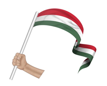 3D illustration. Hand holding flag of Hungary on a fabric ribbon background.