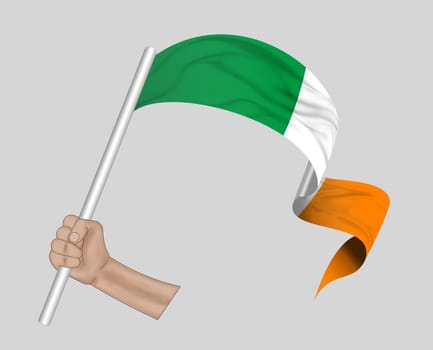 3D illustration. Hand holding flag of Ireland on a fabric ribbon background.