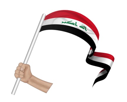 3D illustration. Hand holding flag of Iraq on a fabric ribbon background.