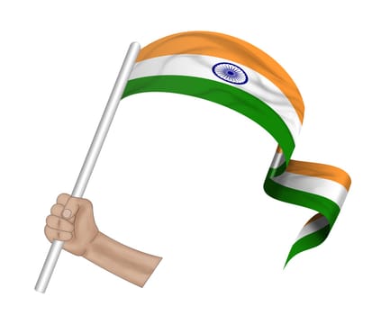 3D illustration. Hand holding flag of India on a fabric ribbon background.