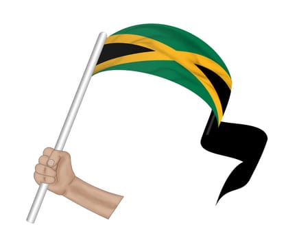 3D illustration. Hand holding flag of Jamaica on a fabric ribbon background.