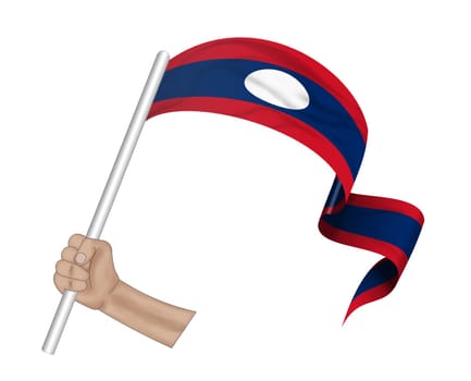 3D illustration. Hand holding flag of Laos on a fabric ribbon background.