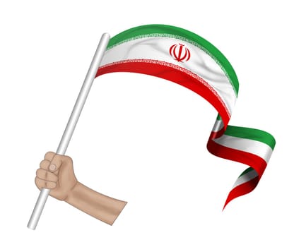 3D illustration. Hand holding flag of Iran on a fabric ribbon background.