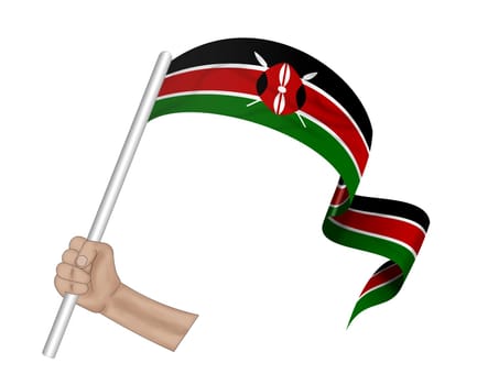 3D illustration. Hand holding flag of Kenya on a fabric ribbon background.