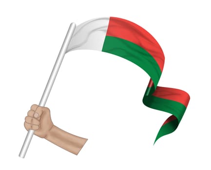 3D illustration. Hand holding flag of Madagascar on a fabric ribbon background.