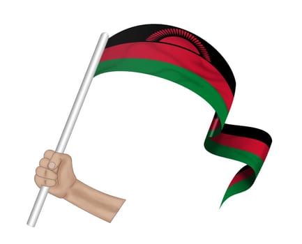 3D illustration. Hand holding flag of Malawi on a fabric ribbon background.
