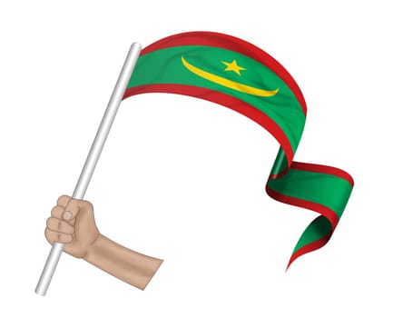 3D illustration. Hand holding flag of Mauritania on a fabric ribbon background.