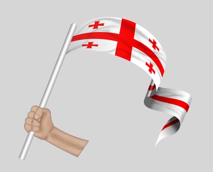 3D illustration. Hand holding flag of Georgia on a fabric ribbon background.