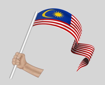 3D illustration. Hand holding flag of Malaysia on a fabric ribbon background.