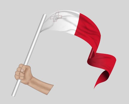 3D illustration. Hand holding flag of Malta on a fabric ribbon background.