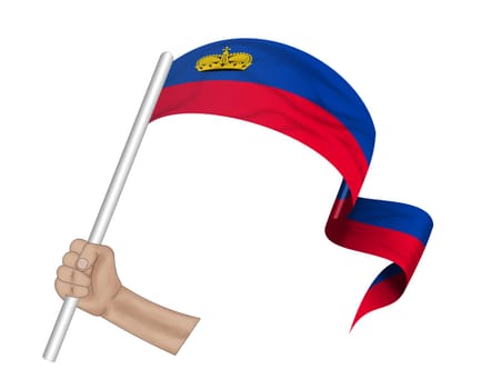 3D illustration. Hand holding flag of Liechtenstein on a fabric ribbon background.