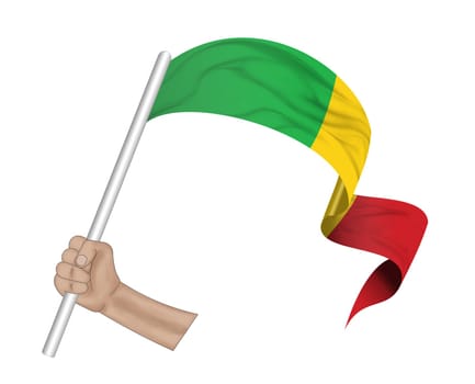 3D illustration. Hand holding flag of Mali on a fabric ribbon background.