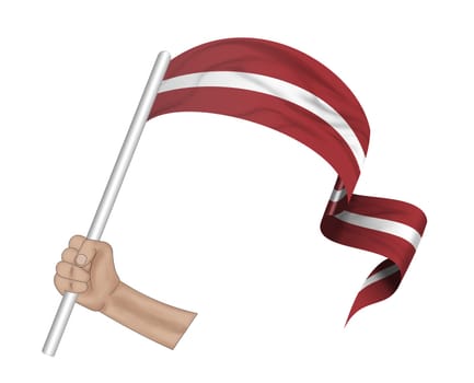 3D illustration. Hand holding flag of Latvia on a fabric ribbon background.