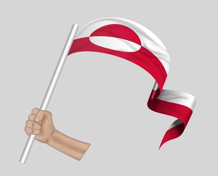 3D illustration. Hand holding flag of Greenland on a fabric ribbon background.