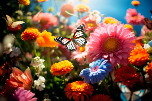 Garden in spring, colorful flowers are in full bloom, and butterflies are flying among the flowers. Butterflies feeding and flying in a riot of color. AI generated