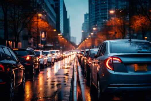Car rush hours city street on the early morning.Traffic jam on the road. Pollution of environment by combustible gas of a cars. AI generated