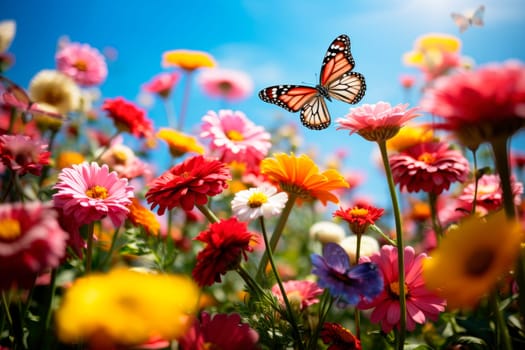 Garden in spring, colorful flowers are in full bloom, and butterflies are flying among the flowers. Butterflies feeding and flying in a riot of color. AI generated