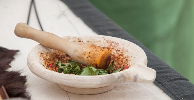 Mortarium or roman mortar with food. Ancient roman gastronomy concept