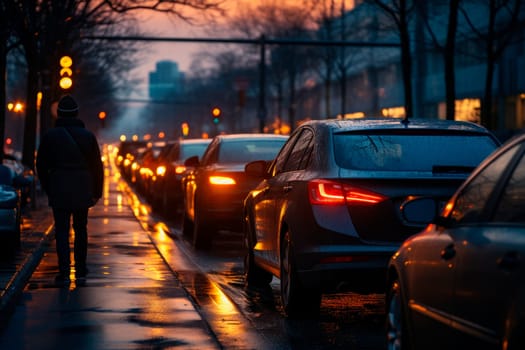 Car rush hours city street on the early morning.Traffic jam on the road. Pollution of environment by combustible gas of a cars. AI generated