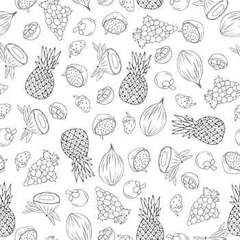 Seamless doodle pattern with fruits, strawberries, coconuts, mangosteene and grapes
