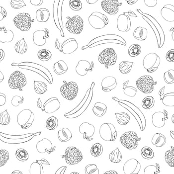 Seamless doodle pattern with fruits bananas, apples, apricot, plums and fig