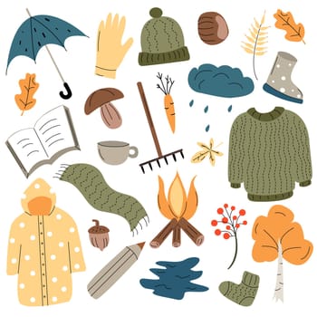 Vector set of autumn icons, sweater, falling leaves, cozy food, candles, book. Scrapbook collection of fall season elements. Bright background for harvest time. Autumn greeting card.