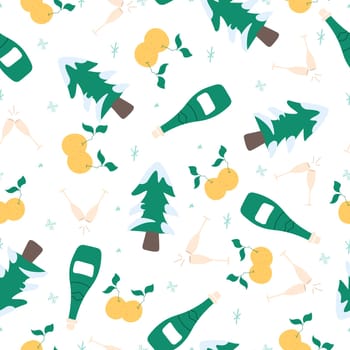 Seamless pattern with Christmas wreaths, fir trees, candles and sweets on a beige background.