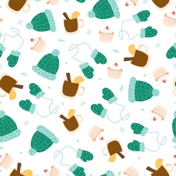 Winter seamless pattern with hats, mittens, mulled wine and muffins on a white background