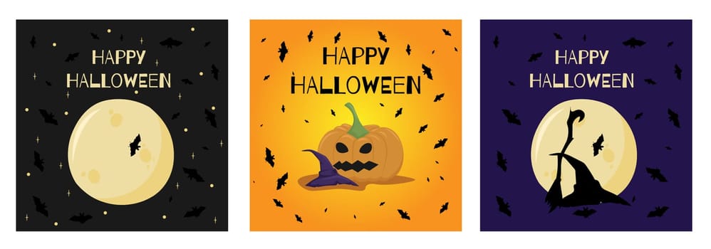 Set of graphics poster with Halloween theme.Cartoon style illustrations of cute pumpkin,moon,witch accessories and bat