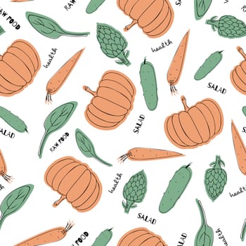 Assorted vegetables seamless pattern with pumpkin, carrotm spinach and artichoke on a white background
