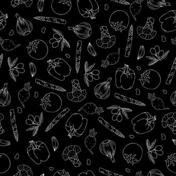 Vegetables pattern on black. Hand-drawn doodle vector seamless pattern of vegetables, metaphor of healthy eating
