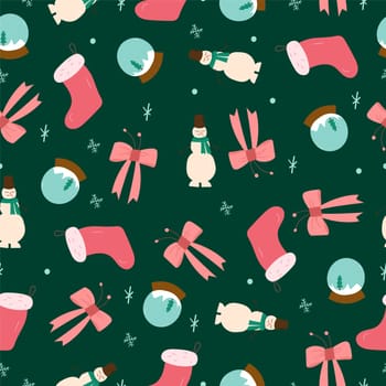 Christmas seamless pattern with snowmen, bows, gift socks and snow glass balls on a green background.